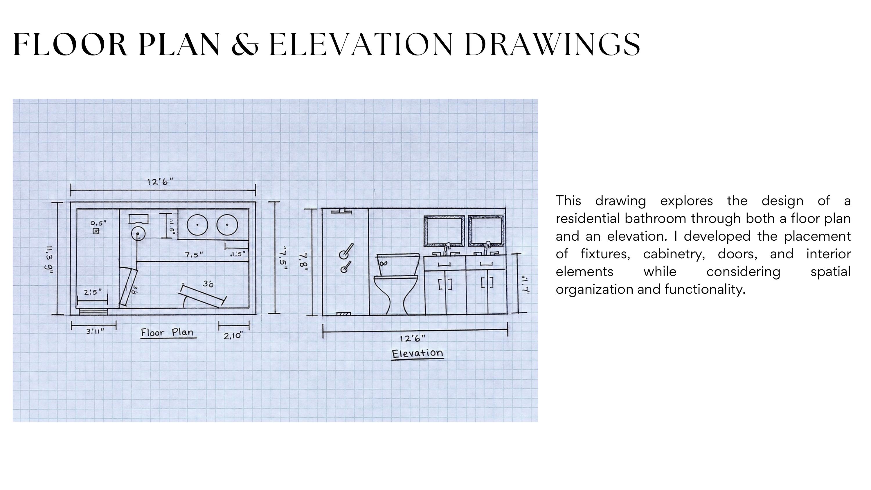 Hand-drafted bathroom floor plan and wall elevation drawing on blue grid showing fixture placement, cabinetry, and dimensions