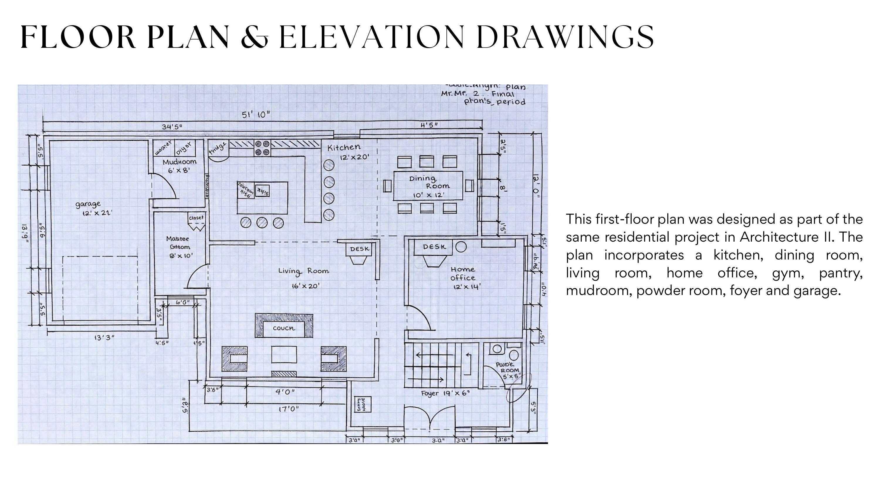 Hand-drafted first-floor residential plan on graph paper showing kitchen, living room, garage, and foyer