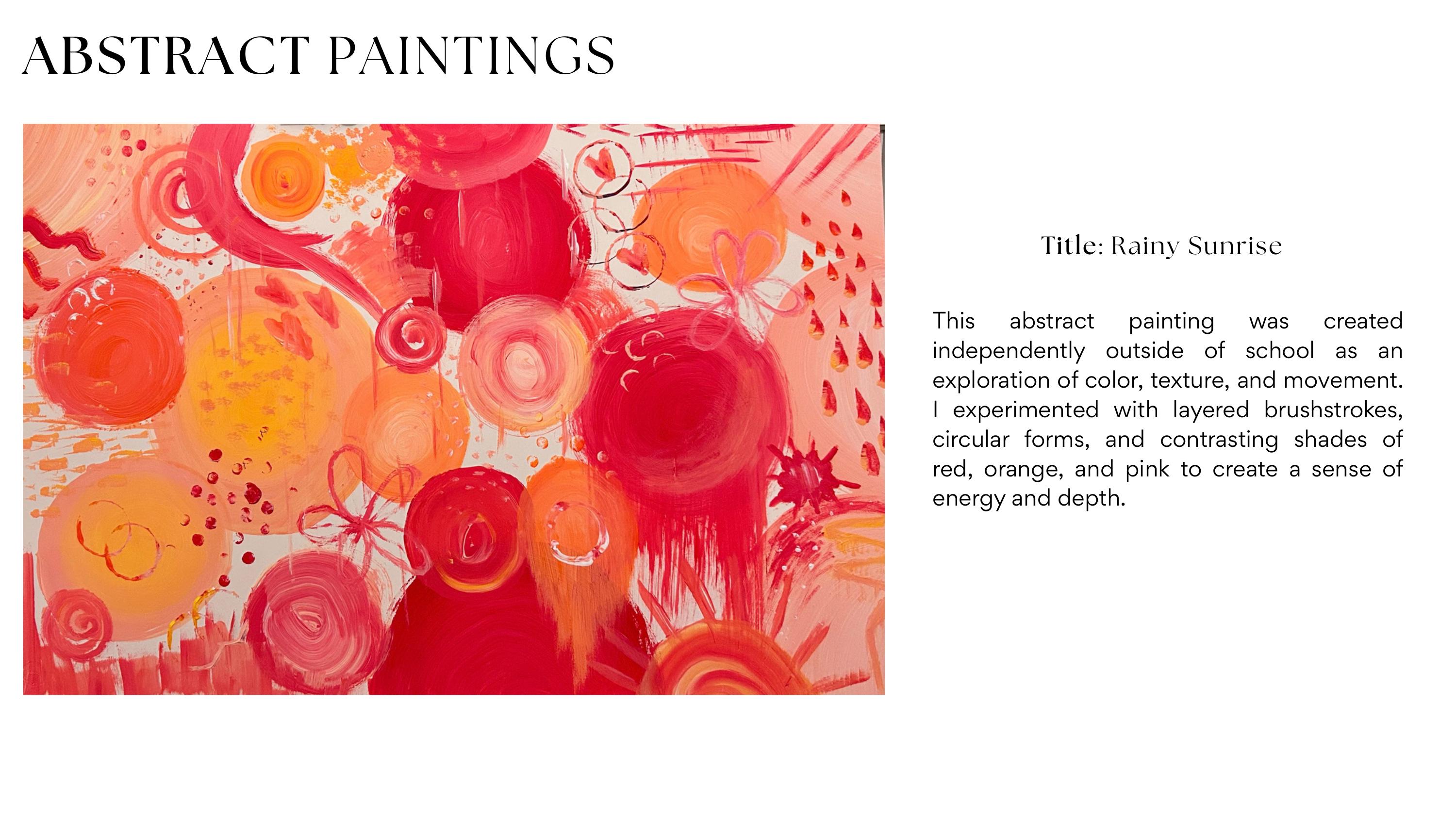 Rainy Sunrise abstract painting with layered red, orange, and pink brushstrokes