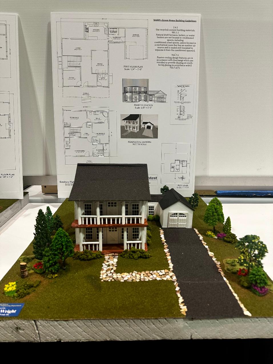 Colonial Greek Revival model full frontal view with complete presentation board above